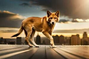 a dog walking on a wooden deck with a city skyline in the background. AI-Generated photo