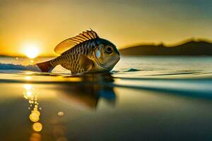 un pescado nadando en el Oceano a puesta de sol. generado por ai foto