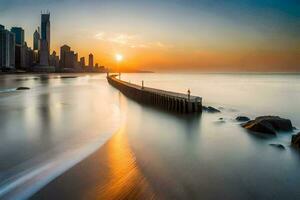 the sun sets over the ocean and a pier in the foreground. AI-Generated photo