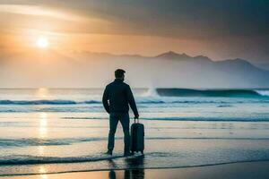 a man with a suitcase standing on the beach at sunset. AI-Generated photo