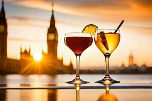 two glasses of wine and a cocktail on a table in front of the big ben. AI-Generated photo