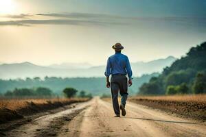 a man walking down a dirt road in the middle of nowhere. AI-Generated photo