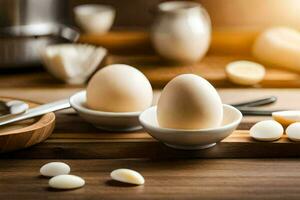 two eggs in bowls on a cutting board. AI-Generated photo