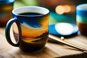 a coffee cup with a painting of a sunset on it. AI-Generated photo