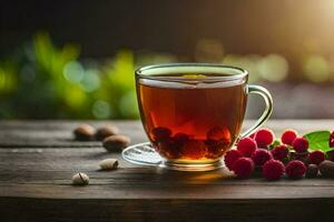 a cup of tea with raspberries and almonds on a wooden table. AI-Generated photo