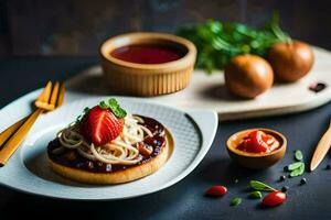 a plate with a strawberry and spaghetti on it. AI-Generated photo