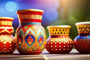 a group of colorful vases on a table. AI-Generated photo