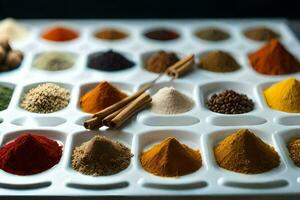a tray of spices and spices. AI-Generated photo