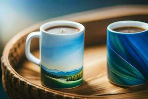 dos café tazas con un paisaje pintura en a ellos. generado por ai foto