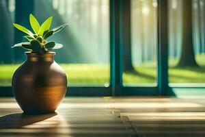 un planta en un florero en un de madera piso. generado por ai foto