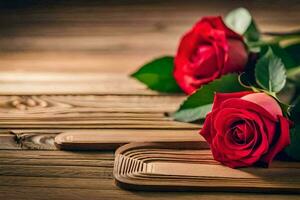 two red roses on a wooden table. AI-Generated photo