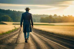 a man in a hat and coat walking down a dirt road. AI-Generated photo