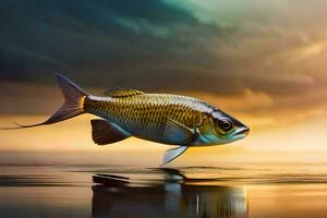 un pescado es nadando en el agua a puesta de sol. generado por ai foto