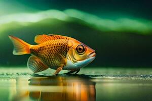 un pescado es en pie en el agua con un verde antecedentes. generado por ai foto