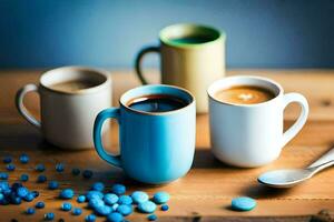 three coffee cups with blue and white sugar. AI-Generated photo