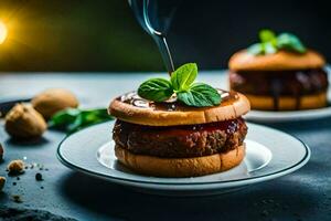 two hamburgers with sauce and mint leaves on top. AI-Generated photo