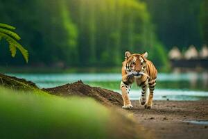 un Tigre caminando a lo largo el apuntalar de un lago. generado por ai foto