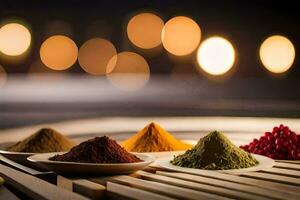 a variety of spices are arranged on a table. AI-Generated photo