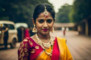 a beautiful indian bride in a traditional sari. AI-Generated photo