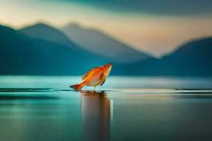 a fish is standing on the water in front of mountains. AI-Generated photo