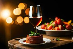 a plate of food and a glass of wine on a table. AI-Generated photo