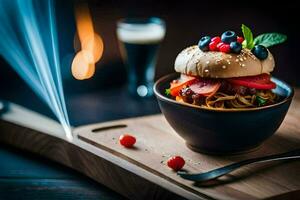 a burger with berries and vegetables on a wooden table. AI-Generated photo