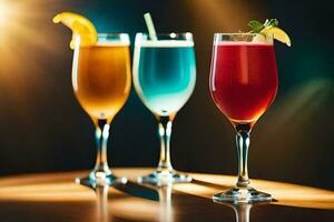 three glasses of different colored drinks on a table. AI-Generated photo