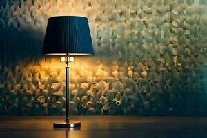 a lamp is sitting on a table in front of a wall. AI-Generated photo