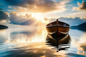 el barco es flotante en el calma agua. generado por ai foto