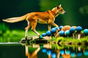 a dog standing on a log with blue balls in the water. AI-Generated photo