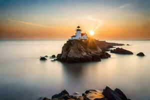 the sun rises over a lighthouse on a rocky island. AI-Generated photo