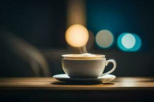 a cup of coffee on a table with bokeh. AI-Generated photo