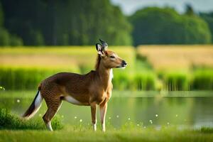 a deer stands in the grass near a lake. AI-Generated photo