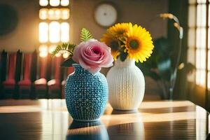 two vases with flowers on a table. AI-Generated photo