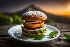 un hamburguesa en un plato con un montaña en el antecedentes. generado por ai foto