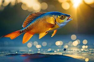 un pescado es saltando fuera de el agua. generado por ai foto