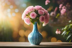 pink roses in a blue vase on a table. AI-Generated photo