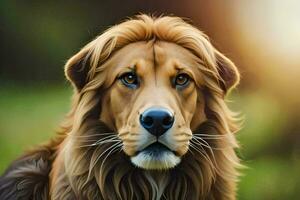 a lion is looking at the camera in a field. AI-Generated photo