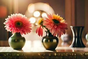 two vases with pink flowers on a table. AI-Generated photo