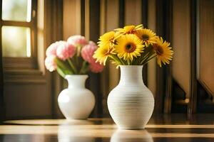 two vases with flowers sitting on a table. AI-Generated photo