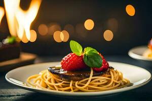 spaghetti with strawberries and sauce on a plate. AI-Generated photo