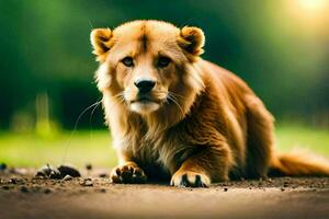 un león es sentado en el suelo en el césped. generado por ai foto