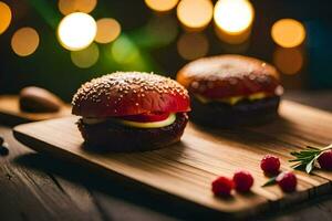 two hamburgers on a wooden cutting board with berries. AI-Generated photo