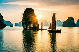 halong bahía, Vietnam, atardecer, barcos, atardecer, Vietnam, puesta de sol. generado por ai foto