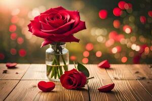 red roses in a vase on a wooden table with red hearts. AI-Generated photo