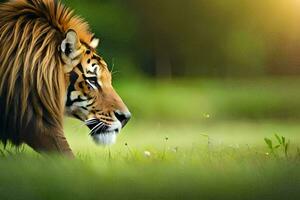 un Tigre caminando mediante un campo. generado por ai foto