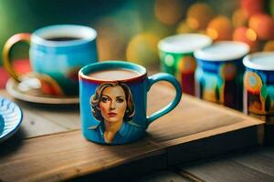 un café taza con un pintura de un mujer en él. generado por ai foto