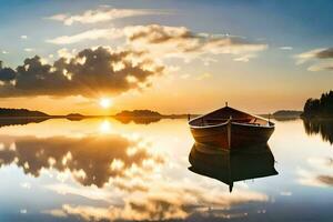 un barco es flotante en el agua a puesta de sol. generado por ai foto