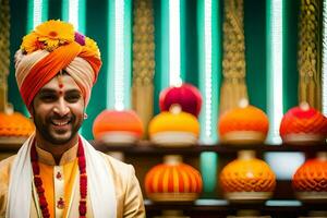 a man in a turban and a colorful headpiece. AI-Generated photo