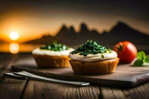two mini cupcakes with cheese and herbs on a wooden board. AI-Generated photo